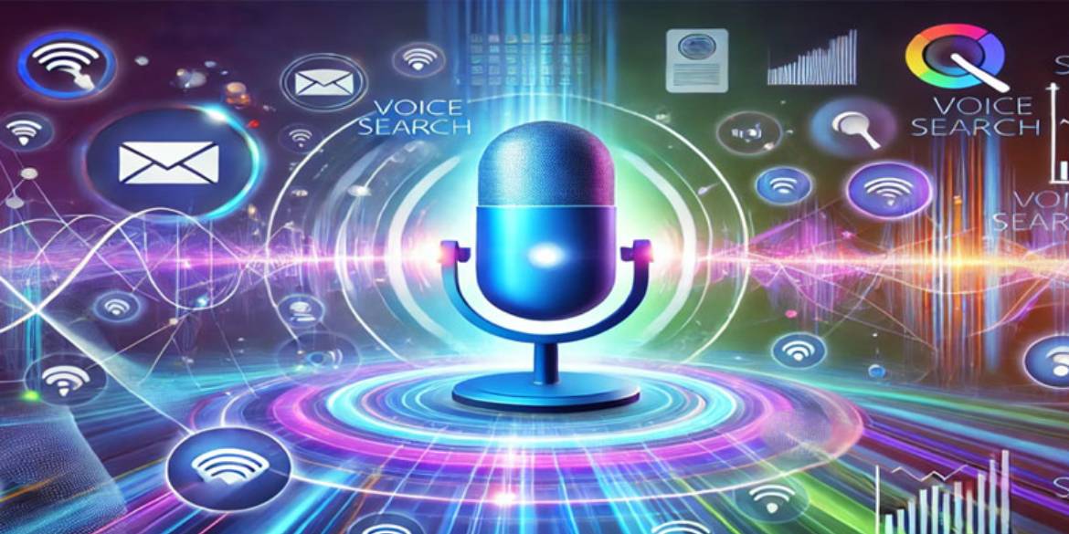 micrófono en el centro de elementos digitales para hablar sobre las búsquedas por voz